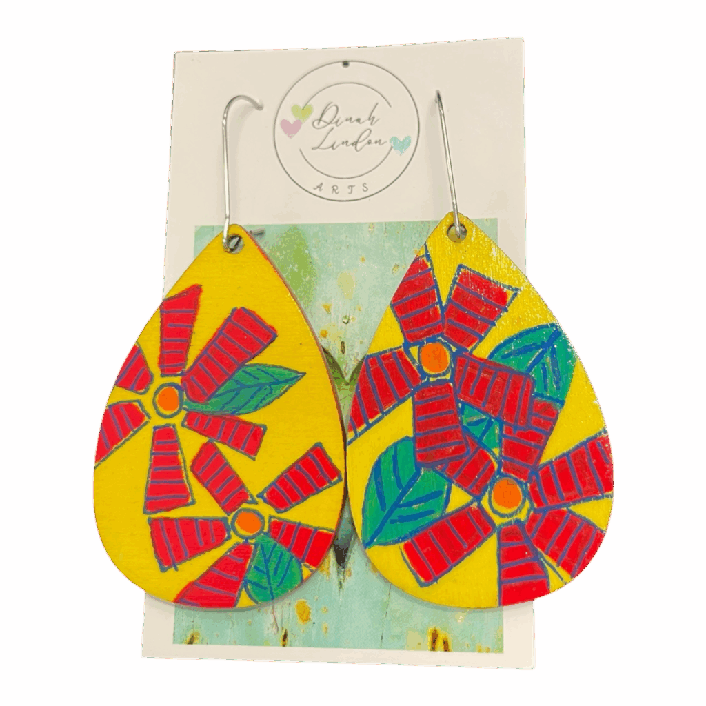 Sunburst Pinwheel Teardrops – bold yellow earrings with red floral pinwheel designs, handpainted and sealed for shine.