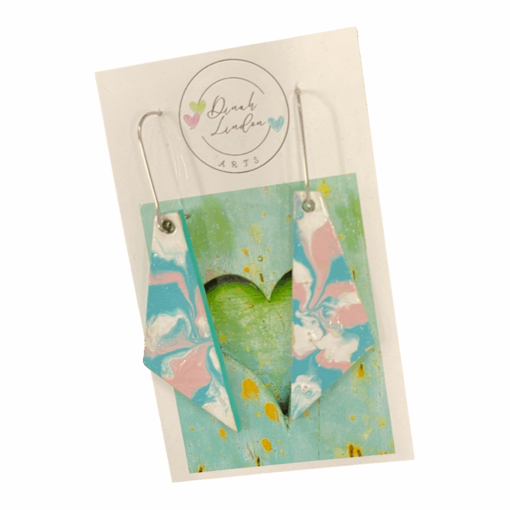 Fairy Floss Marble Dangles by Dinah Lindon – handpainted pastel pink, blue, and white marbled earrings in a sleek angular shape.