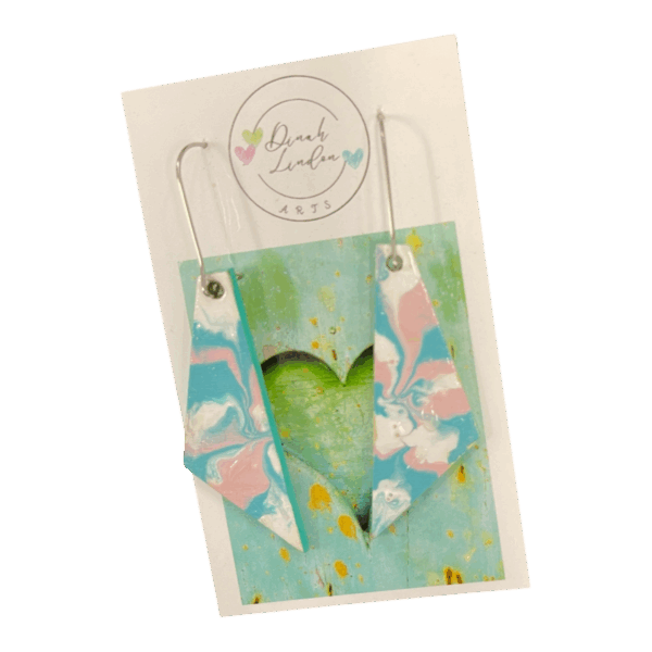 Fairy Floss Marble Dangles by Dinah Lindon – handpainted pastel pink, blue, and white marbled earrings in a sleek angular shape.