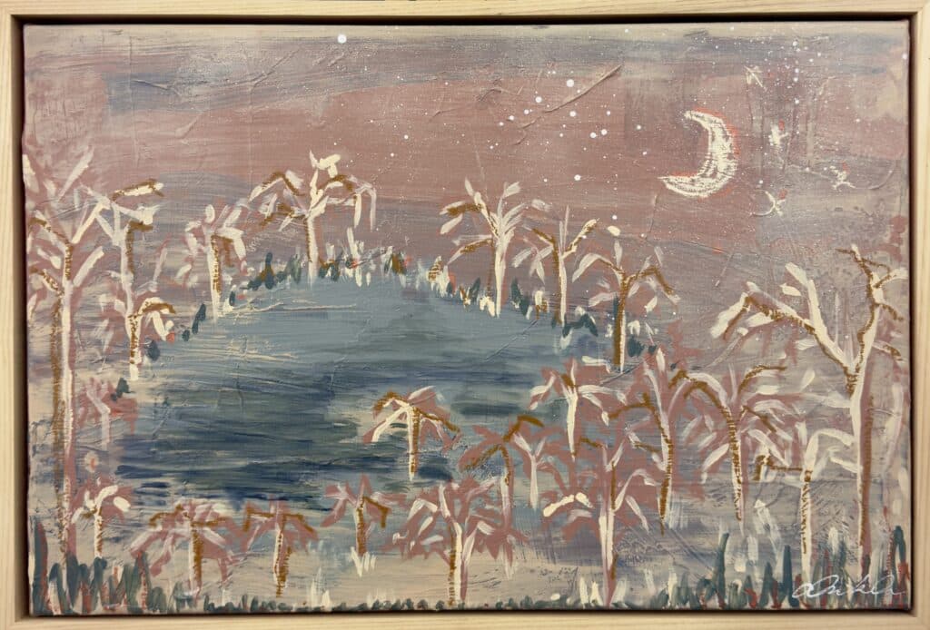A textured landscape by Amanda Hinkelmann, Somewhere Between the Stars and the Moon I Found You is a dreamy ode to love and Country.