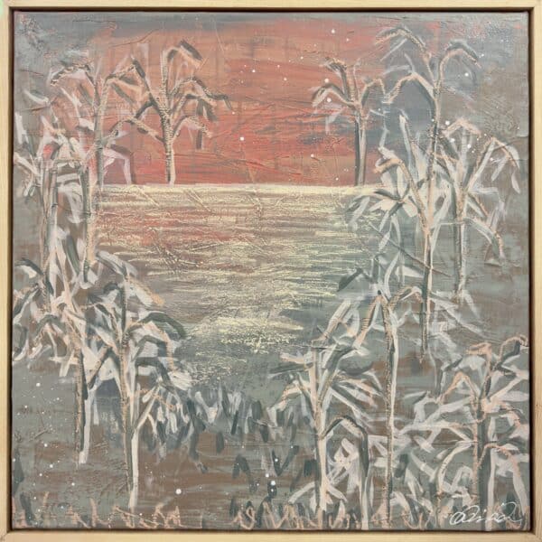 Amanda Hinkelmann’s To Our Escape is a glowing abstracted landscape rich with texture, light, and emotional connection to Country.