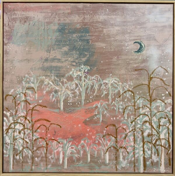 A soft, reflective landscape by Amanda Hinkelmann, Just Me and the Moon glows with quiet strength and deep love for Country.