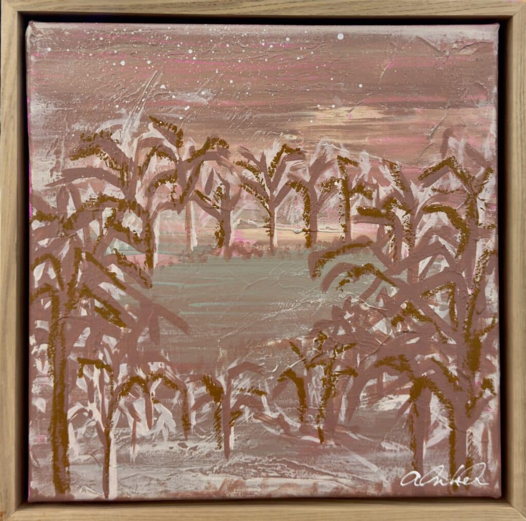 Amanda Hinkelmann’s Ethereal is a soft, layered landscape that captures memory and Country in a dreamlike haze of pink and ochre.