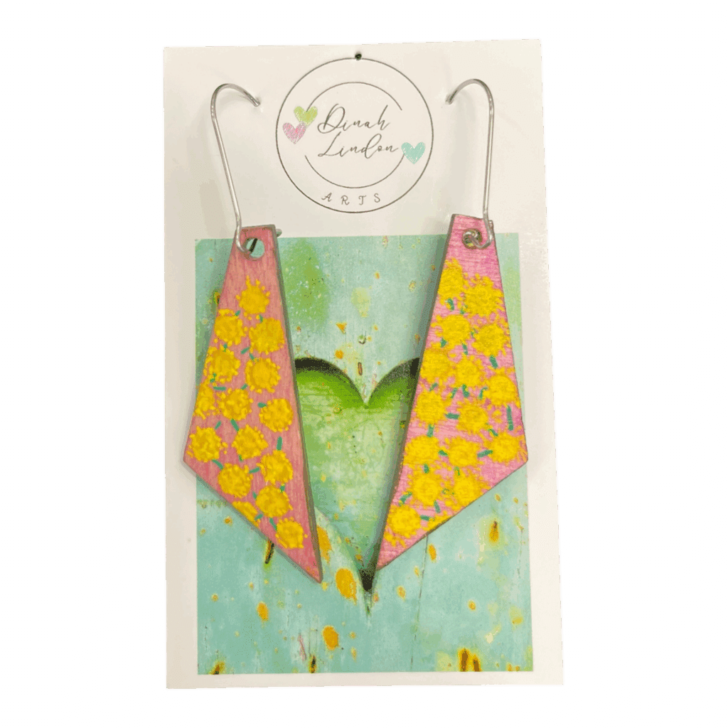 Wattle Song Arrows – pink and yellow earrings inspired by Australian wattle, handcrafted in a modern angular shape.