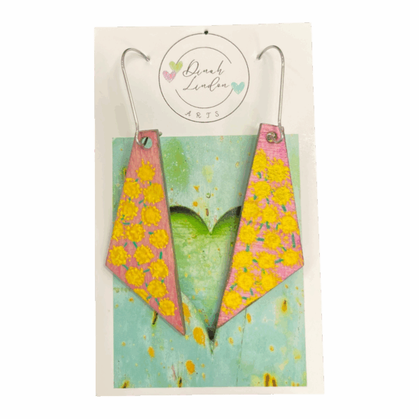 Wattle Song Arrows – pink and yellow earrings inspired by Australian wattle, handcrafted in a modern angular shape.