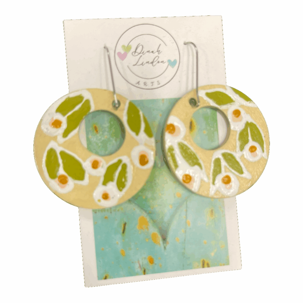 Olive Garden Hoops – earthy round earrings with olive leaves and floral accents, handpainted and sealed with gloss by Dinah Lindon.