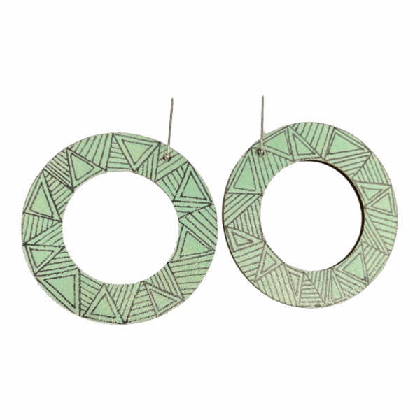 Minted Maze Hoops – mint green round earrings with etched geometric line and triangle patterns.