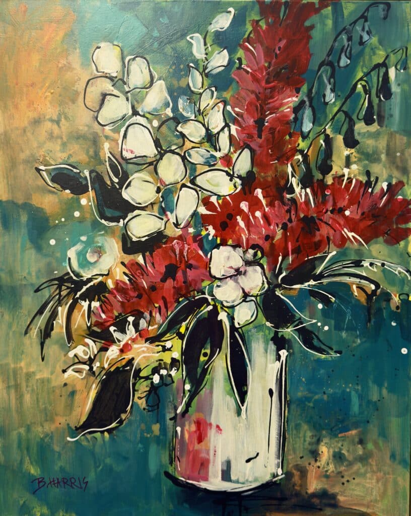 Bursting with bold native florals, Bottlebrush – White Pot by Bev Harris is a joyful celebration of colour and Australian botanical life.
