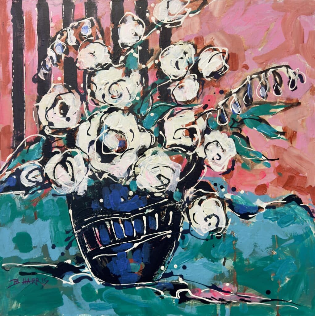 A playful and bold floral still life, White Roses – Polly’s Vase by Bev Harris is bursting with charm, colour, and expressive energy.