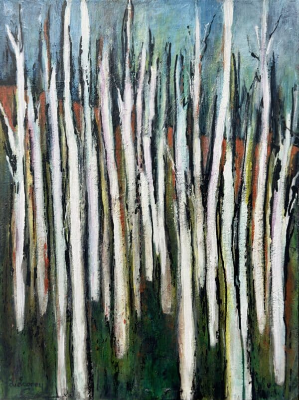 Wetlands by Lesley Looney is a richly textured forest scene of tall white trunks and deep greens. Float framed and ready to hang.