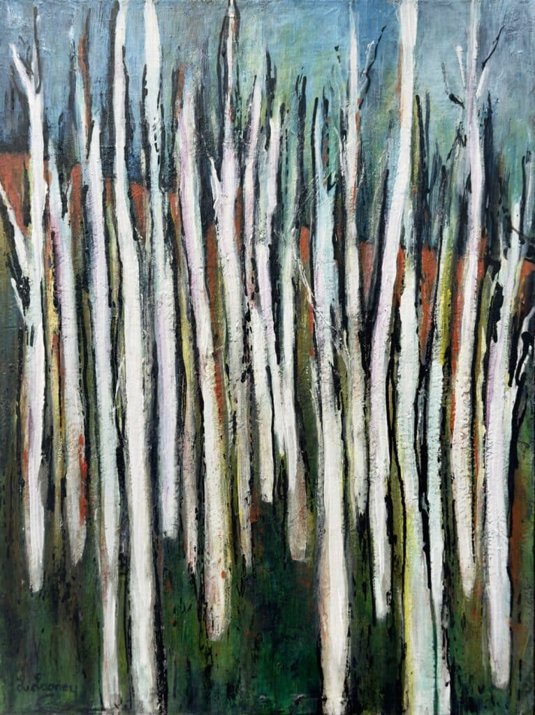 Wetlands by Lesley Looney is a richly textured forest scene of tall white trunks and deep greens. Float framed and ready to hang.