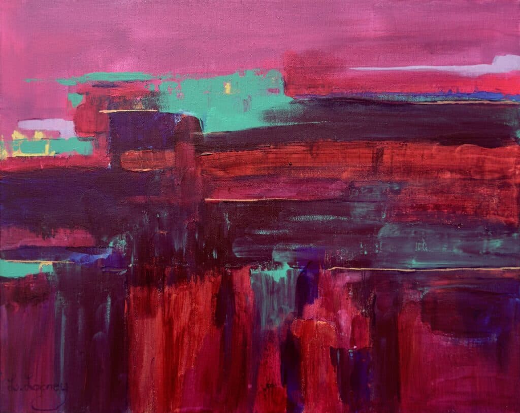 Urban by Lesley Looney is a bold abstract cityscape in hot pinks and purples. Float framed and ready to hang.