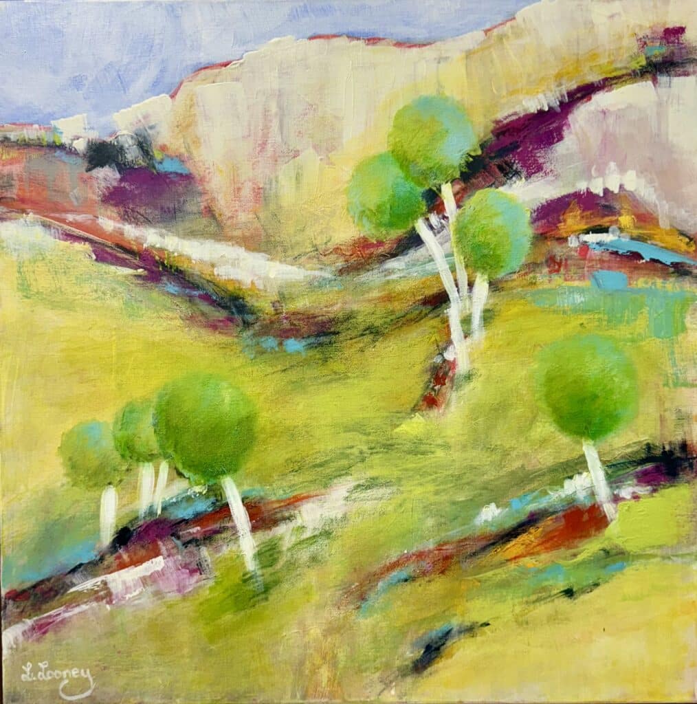 White Cliffs by Lesley Looney is a light-filled abstracted landscape in soft golds and greens. Float framed and ready to hang.