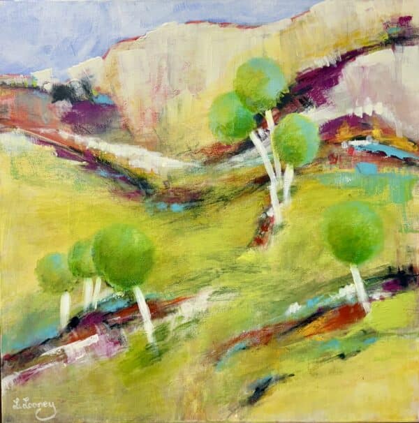 White Cliffs by Lesley Looney is a light-filled abstracted landscape in soft golds and greens. Float framed and ready to hang.