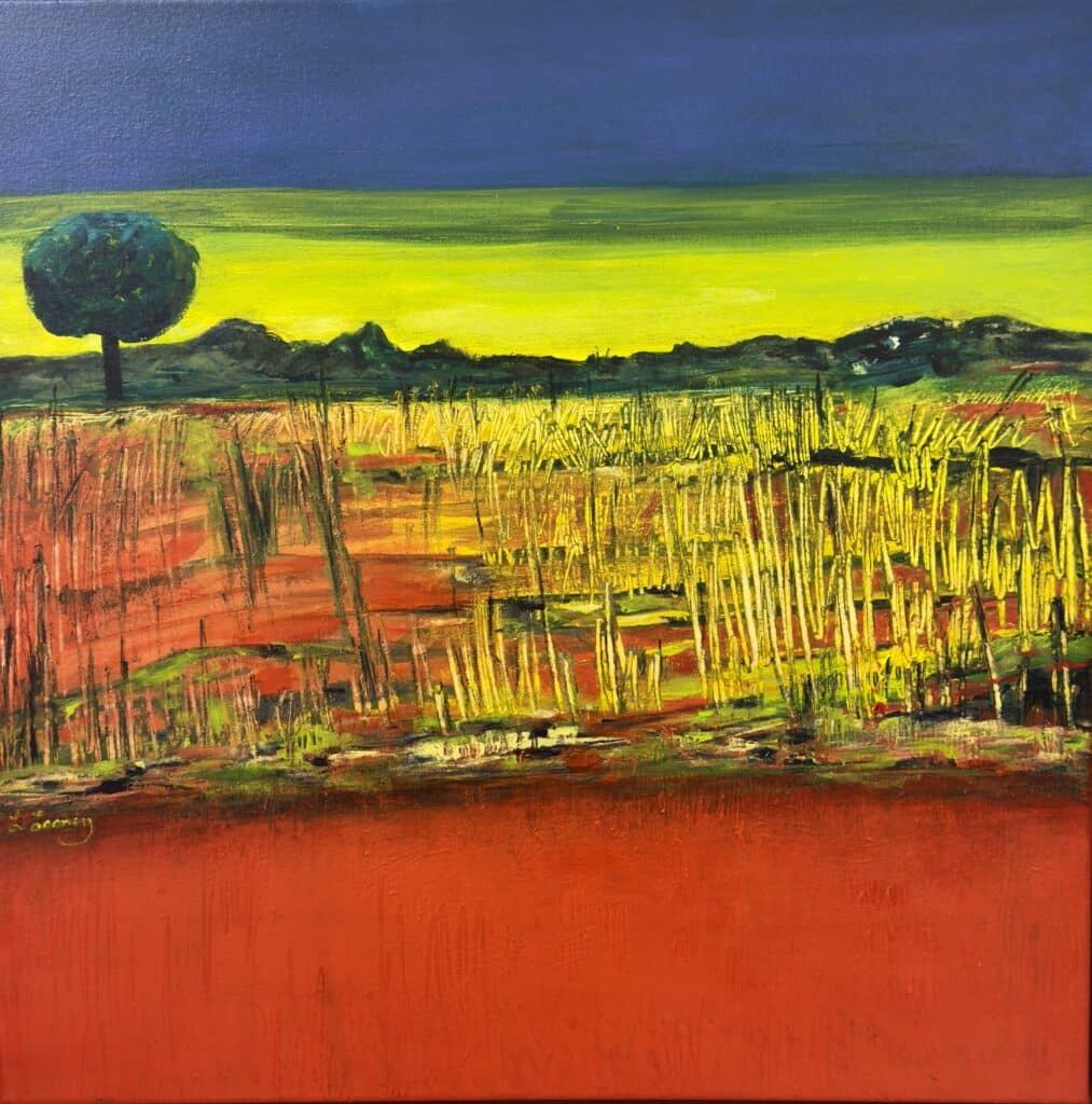 Nature’s Harmony by Lesley Looney is a vibrant rural landscape in reds, yellows and greens. Float framed and ready to hang.