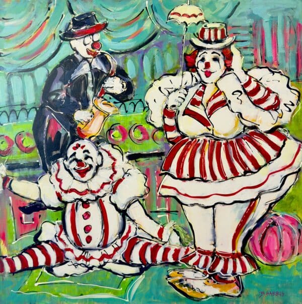 A lively and theatrical painting, Barnham’s Clowns by Bev Harris captures circus charm and colour with humour, nostalgia, and bold expression.