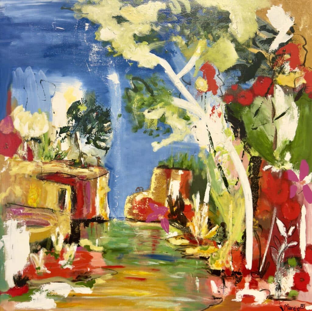 Red Cliffs by Maree McCrum is a vibrant mixed media painting capturing bold outback cliffs and vivid native flora. Framed and ready to hang.