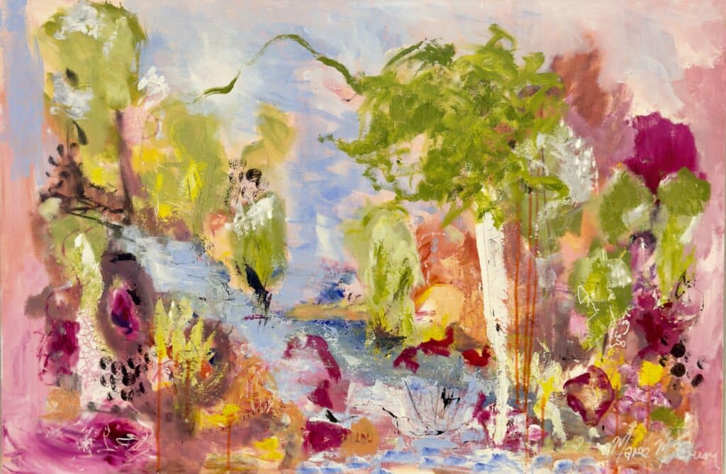 Near the Yanco Weir by Maree McCrum is a vibrant mixed media celebration of Riverina landscapes. Framed and ready to hang.