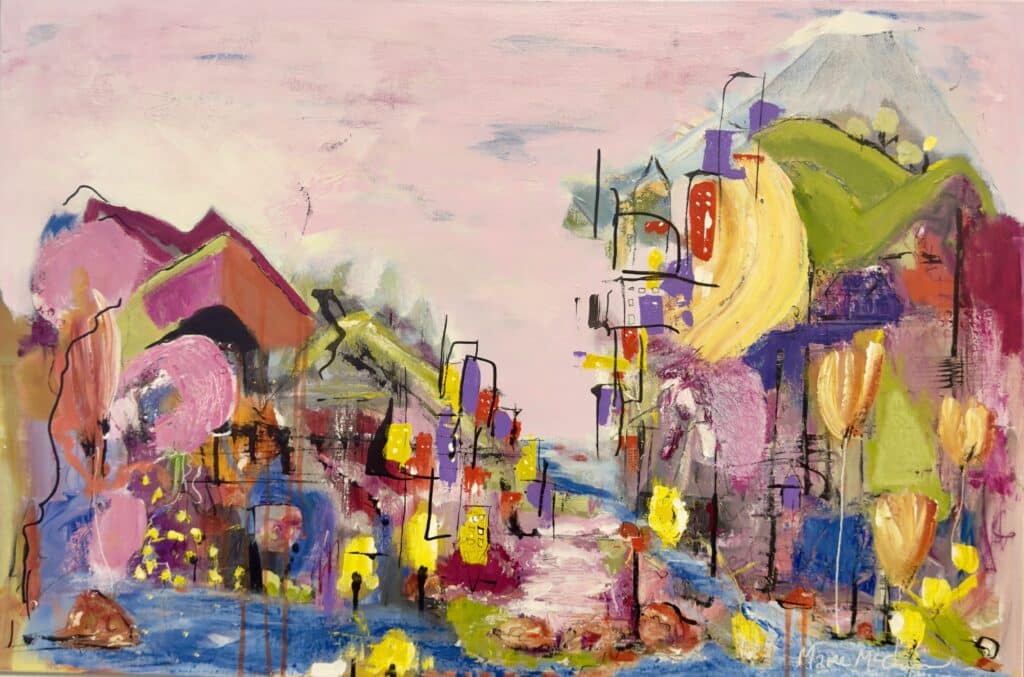 From Italy to the Canals of Leeton by Maree McCrum is a vibrant mixed media painting blending European charm with Riverina warmth. Framed and ready to hang.