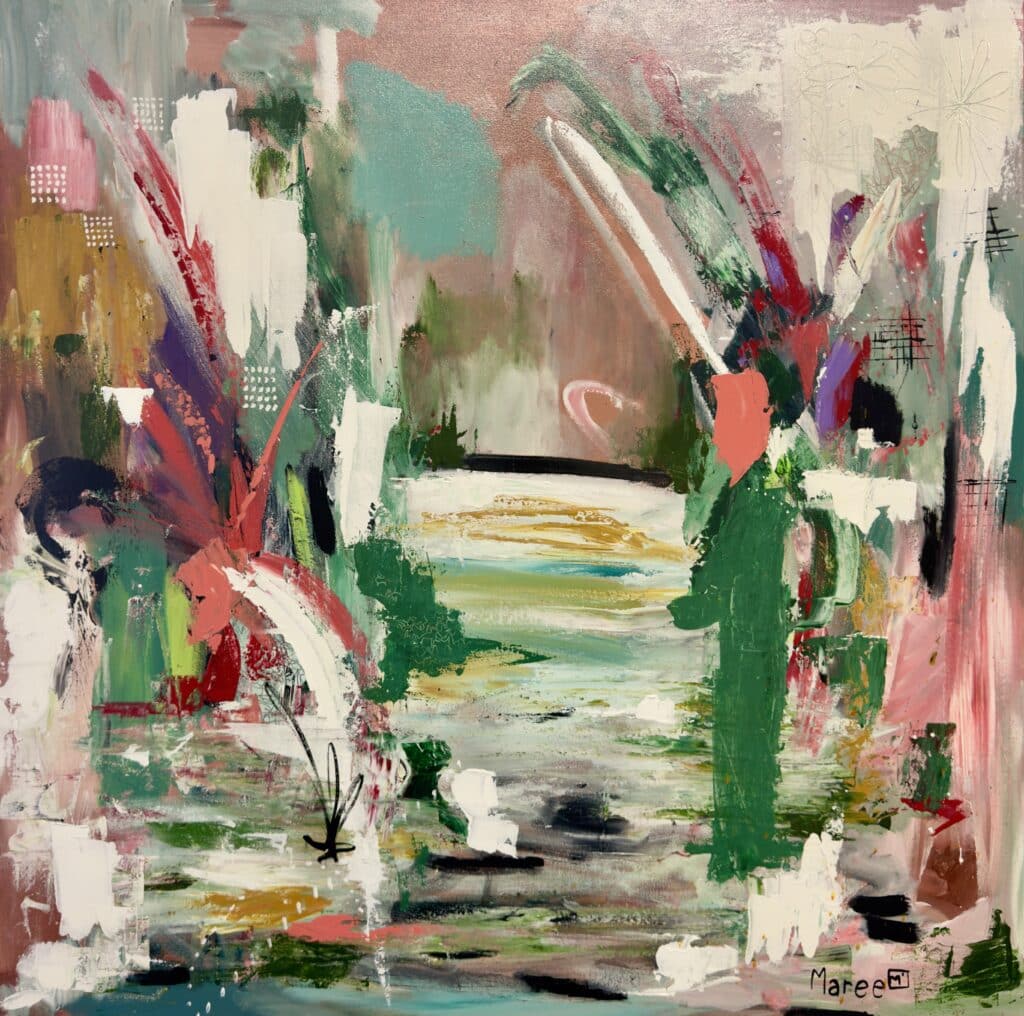 Inner Strength by Maree McCrum is a lush, abstract mixed media painting exploring resilience and beauty. Framed and ready to hang.
