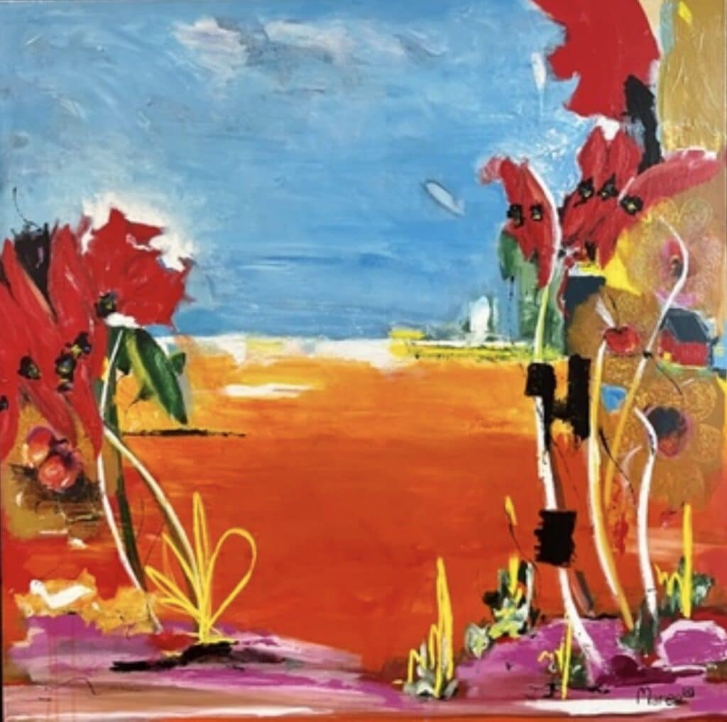 Where the Outback Meets the Sea by Maree McCrum is a bold mixed media work blending land and ocean. Framed and ready to hang.