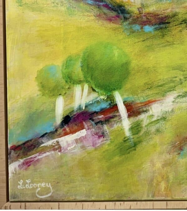 White Cliffs by Lesley Looney is a light-filled abstracted landscape in soft golds and greens. Float framed and ready to hang.