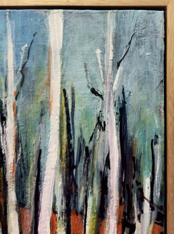 Wetlands by Lesley Looney is a richly textured forest scene of tall white trunks and deep greens. Float framed and ready to hang.