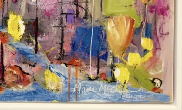 From Italy to the Canals of Leeton by Maree McCrum is a vibrant mixed media painting blending European charm with Riverina warmth. Framed and ready to hang.