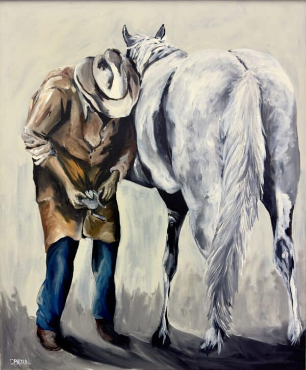 “Morning Job” by Donna Brown – a heartfelt moment between man and horse, full of connection and country authenticity.