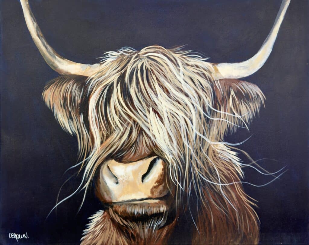 “Duncan” by Donna Brown – a shaggy Highland cow portrait bursting with charm, texture, and personality.