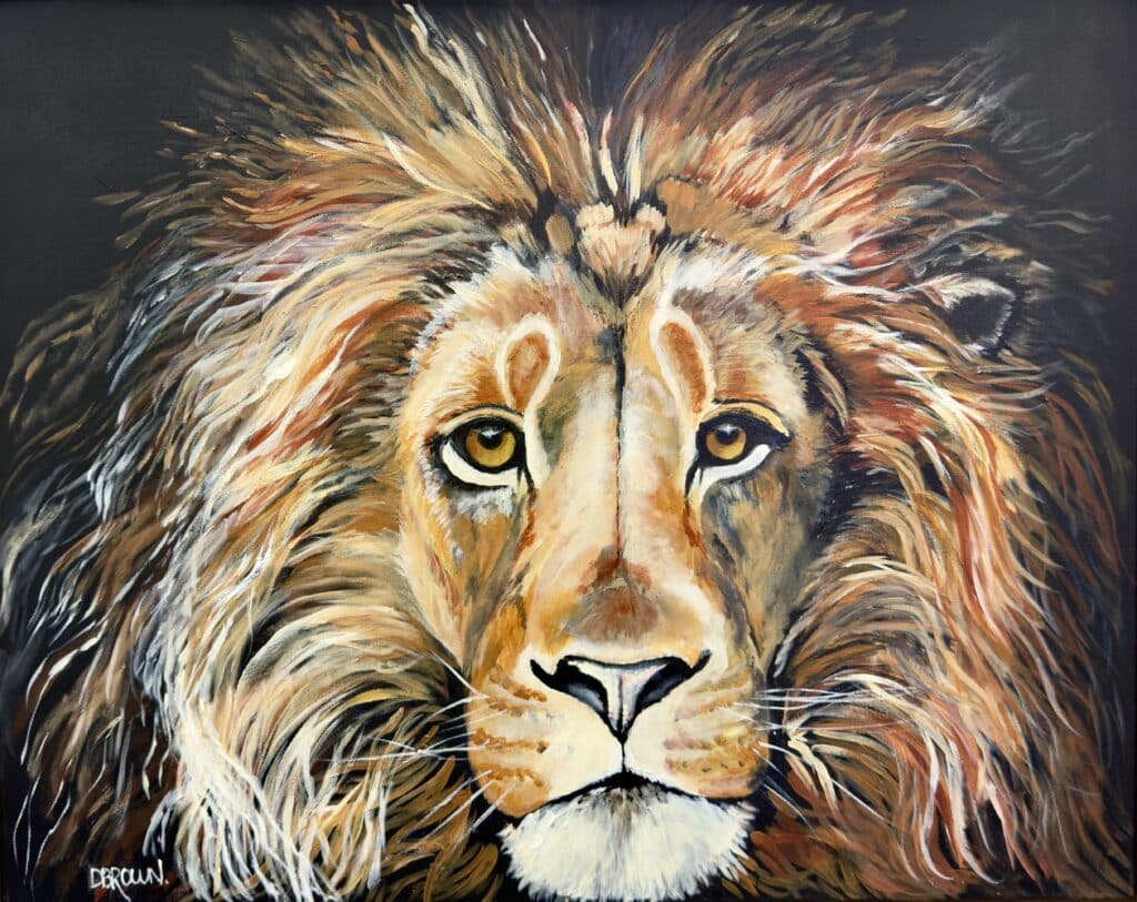 “Alex” by Donna Brown is a powerful lion portrait in acrylic, with golden eyes and a fiery mane that radiates energy, strength, and soulful intensity.