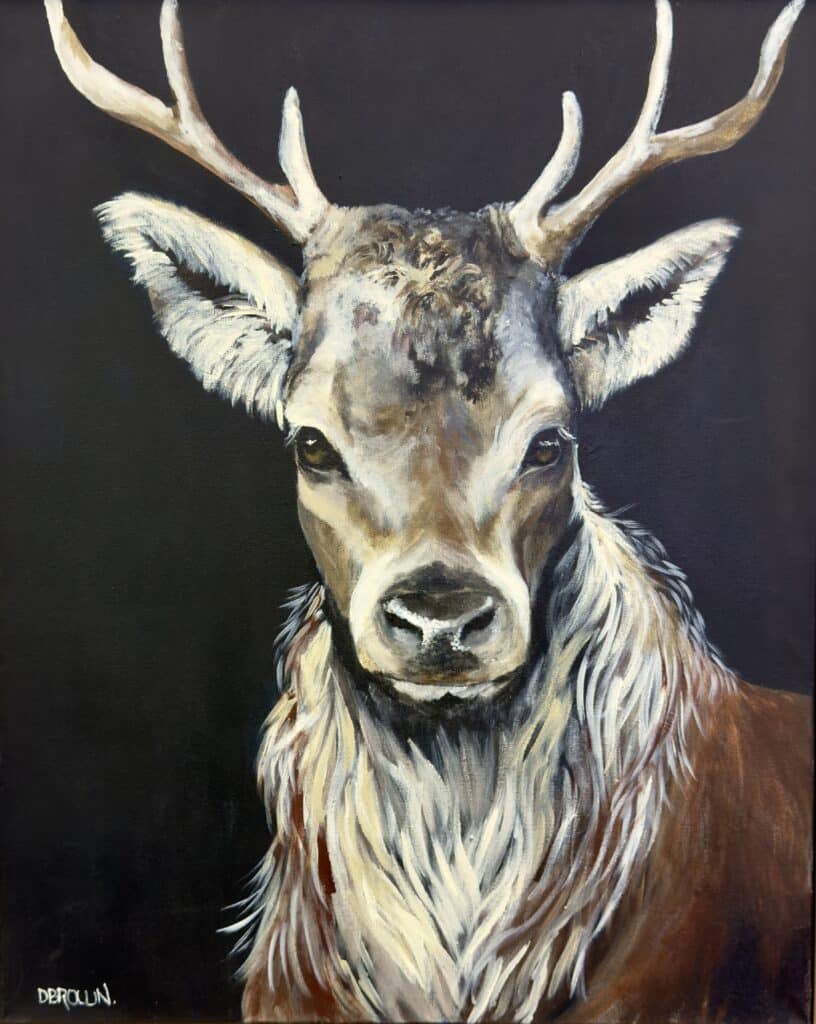 “Dave the Deer” by Donna Brown is a beautifully painted acrylic portrait of a stag, full of woodland grace, rich texture, and quiet strength.