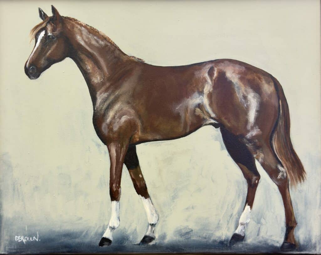 “The Thoroughbred” by Donna Brown is a poised acrylic portrait of a sleek chestnut horse, showcasing equine strength, grace, and timeless beauty.