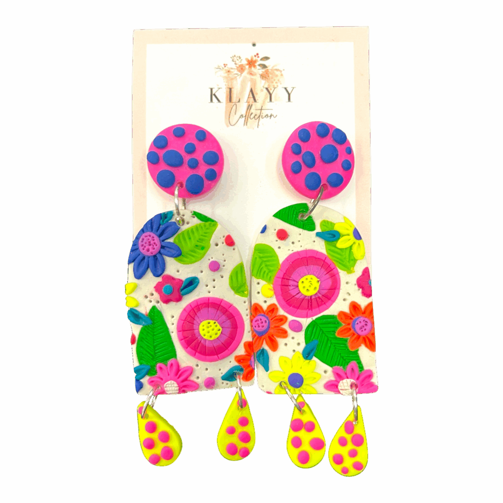 Festival Flora earrings mix neon, florals, and fun in a bold drop earring design. Handmade colour explosion for playful souls.