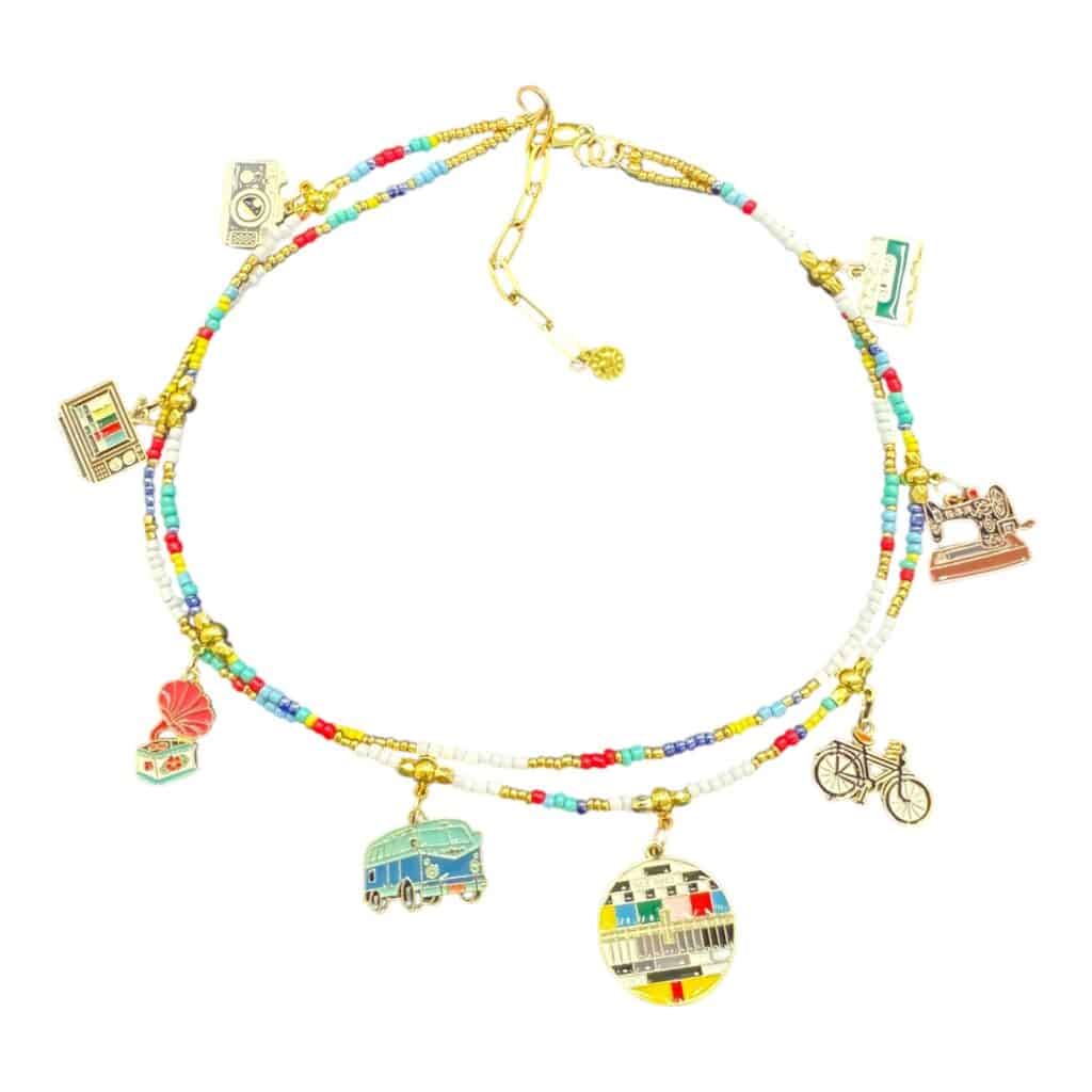 “Retro Revival” Art in Stone necklace — handmade in Australia with vintage enamel charms, semi-precious stones & nostalgic flair.