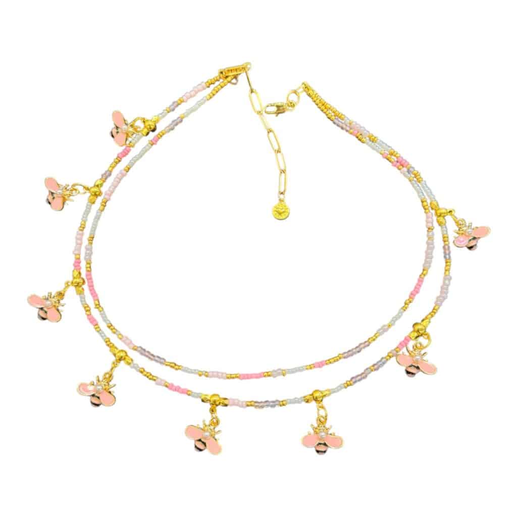 “Bee Happy” handmade Art in Stone necklace — enamel bee charms, golden crystals & semi-precious stones, joyful Australian jewellery.