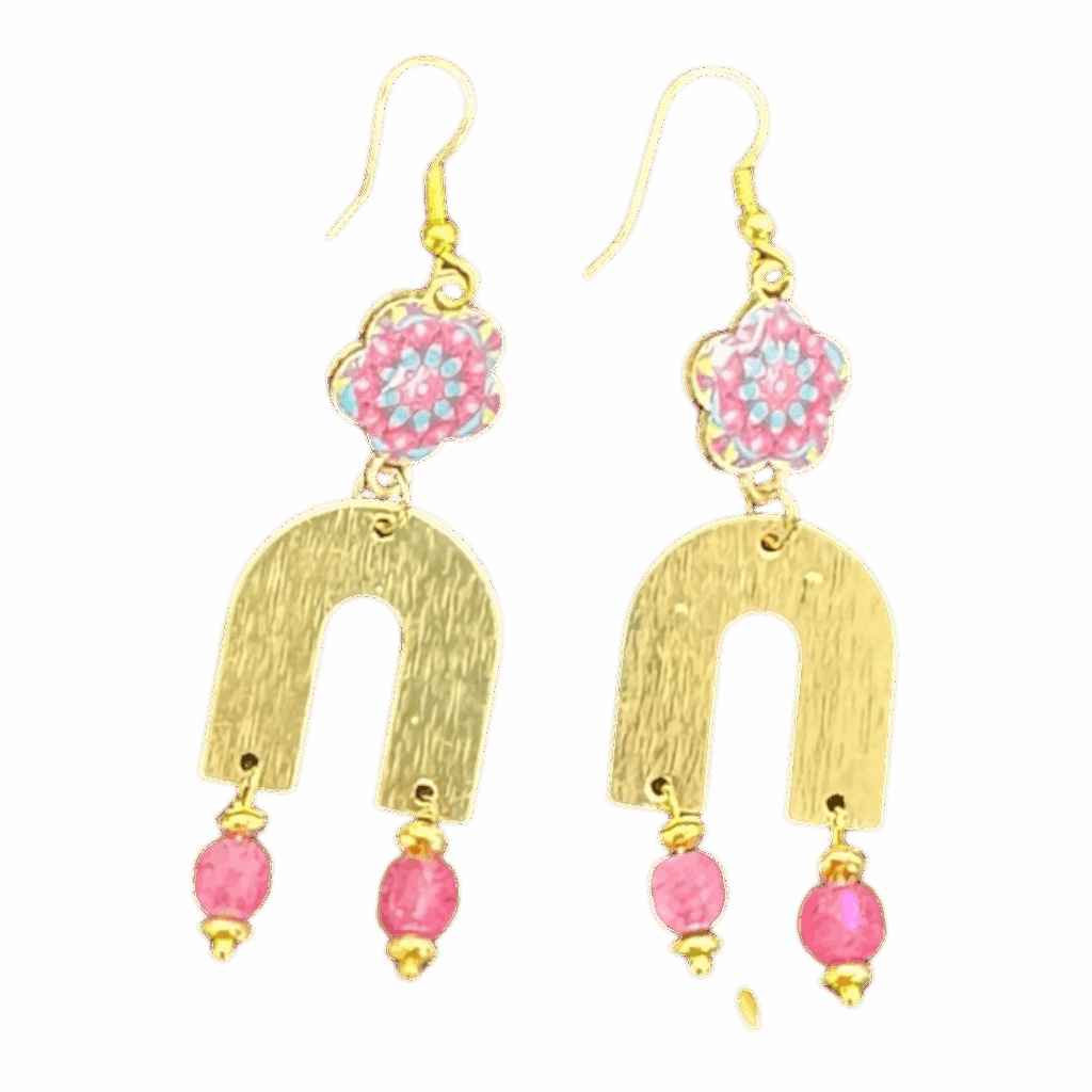 Blush Bloom Arches by Art in Stone — handmade gold and pink millefiori earrings with floral detail and rose quartz beads for joyful, modern style.