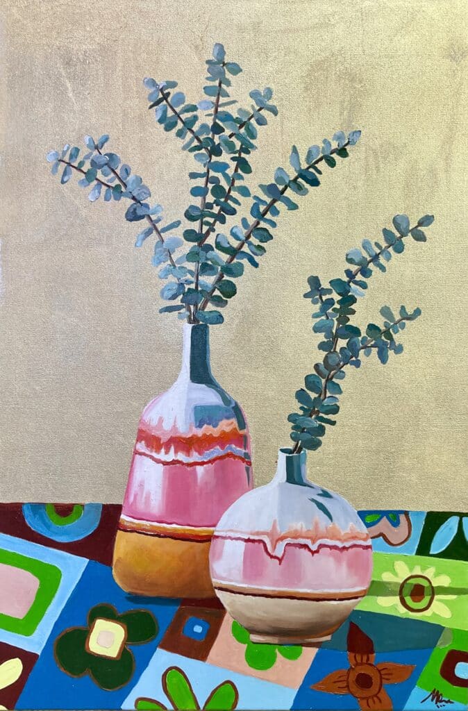 Golden Series – Maude by Maggie Deall pairs eucalyptus and ceramics against a shimmering gold background — vibrant, modern, and beautifully Australian.