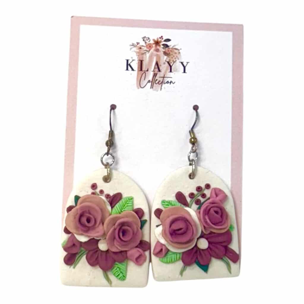 Handmade Dusky Rose Garden Earrings by Klayy Collection — romantic mauve and blush floral polymer clay earrings with soft arch design.
