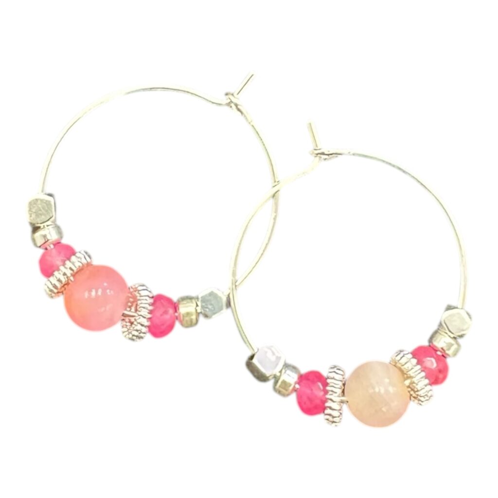 Rosy Glow Hoops by Art in Stone — handmade pink gemstone and silver hoop earrings with soft blush tones for timeless, feminine style.