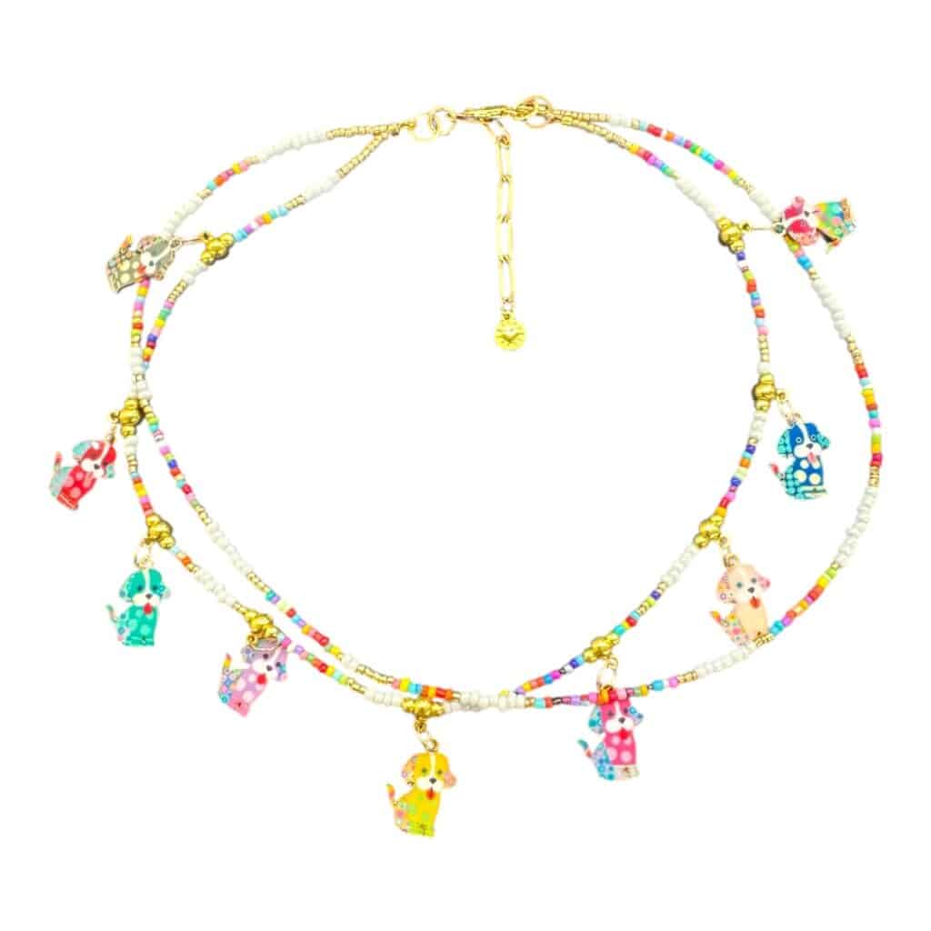“Puppy Love” necklace — a playful, handmade double-strand with colourful puppy charms and semi-precious sparkle for you grown up puppy lovers!