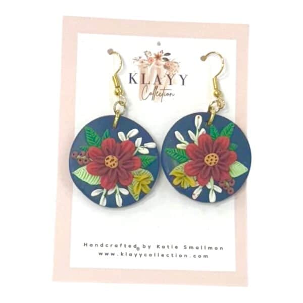 Handmade Crimson Bloom Earrings by Klayy Collection — navy and red floral polymer clay earrings with timeless handcrafted beauty.