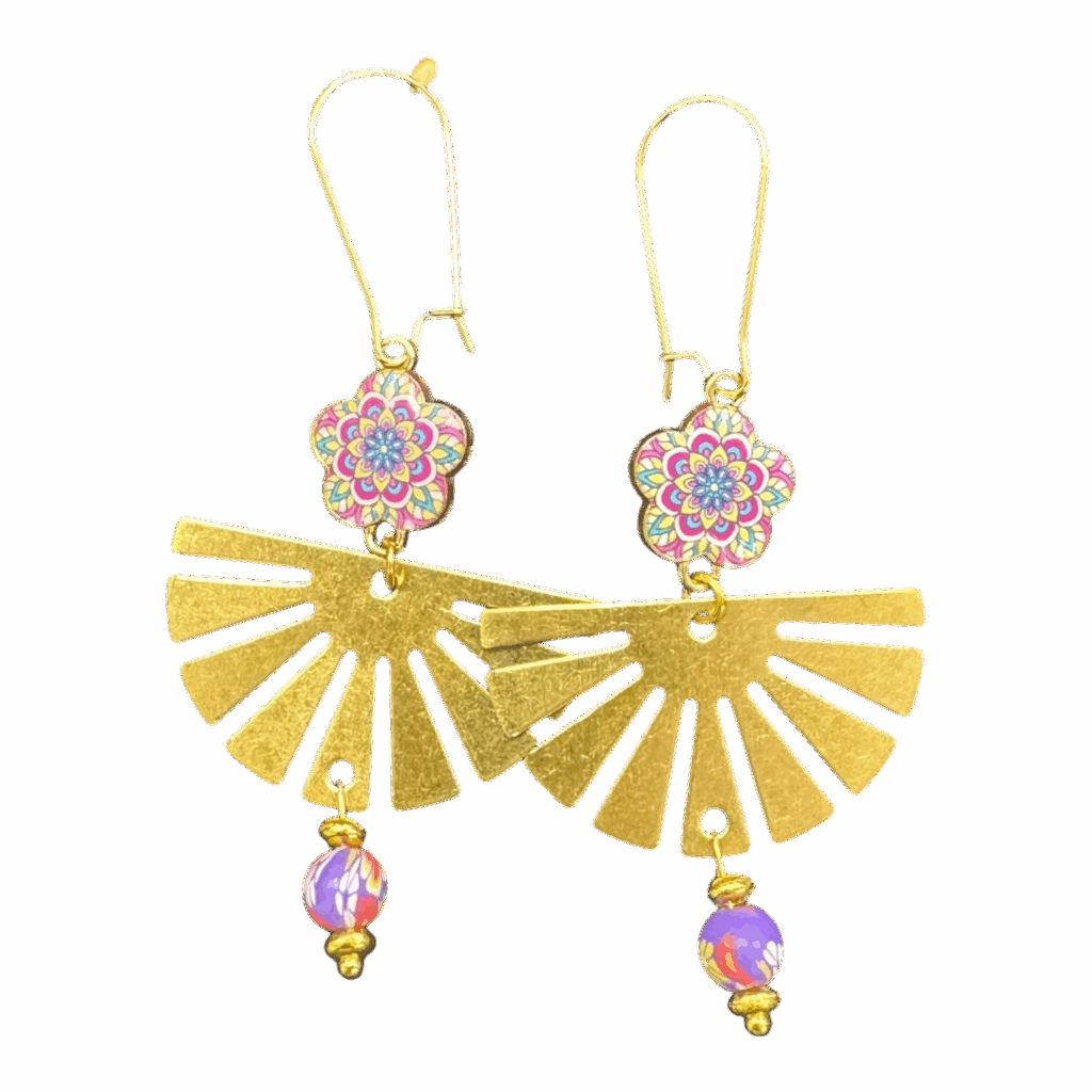 Handmade Sunburst Bloom Earrings by Art in Stone — gold fan earrings with mandala flowers and purple crystal beads for vibrant everyday sparkle.