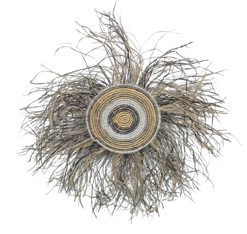 Discover The Emu Collection by Gomeroi artist Debbie Wood — handwoven raffia and emu feather artworks celebrating Country, culture, and connection.