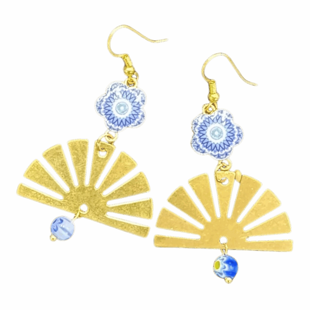 Azure Fan Dangles by Art in Stone — handmade gold fan earrings with blue millefiori floral accents and cobalt beads for bright, artistic style.