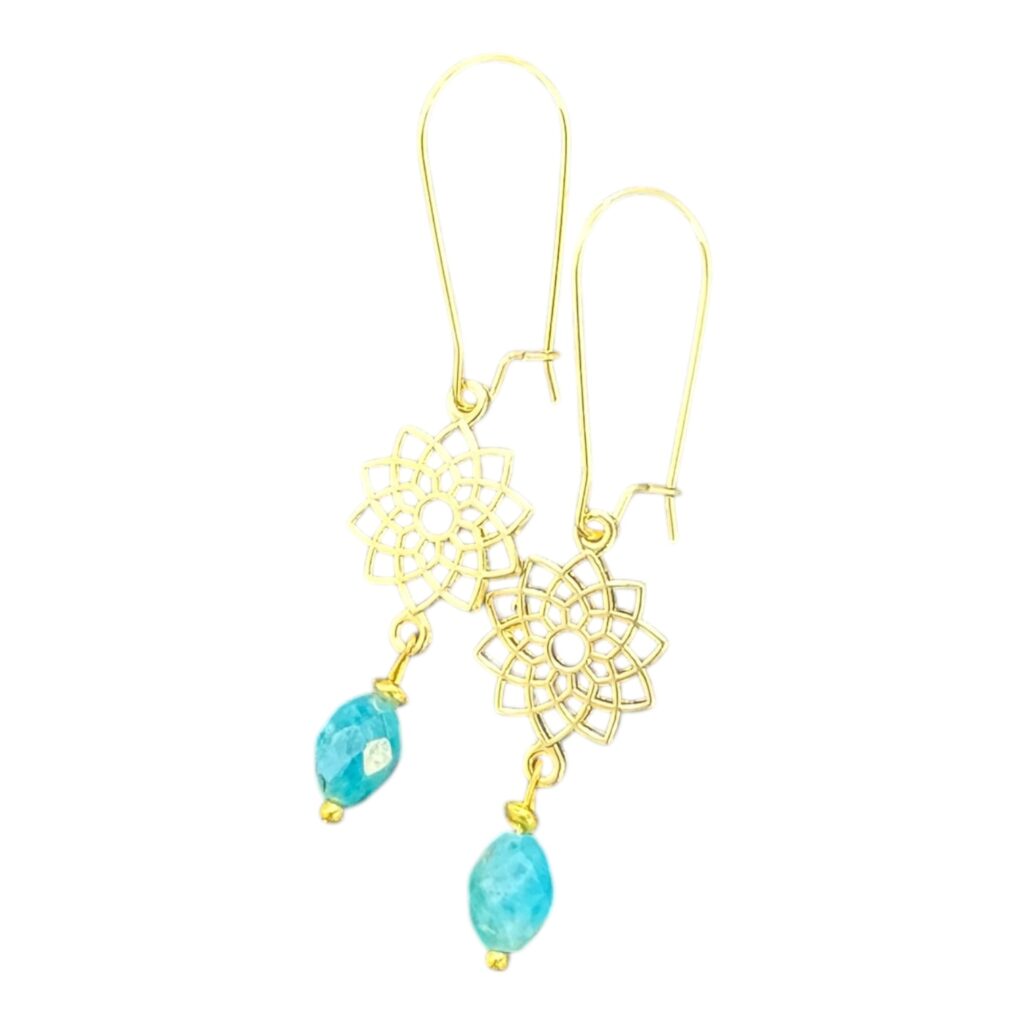 Ocean Bloom Dangles by Art in Stone — handmade gold mandala and aqua gemstone earrings inspired by sunshine, serenity, and seaside calm.