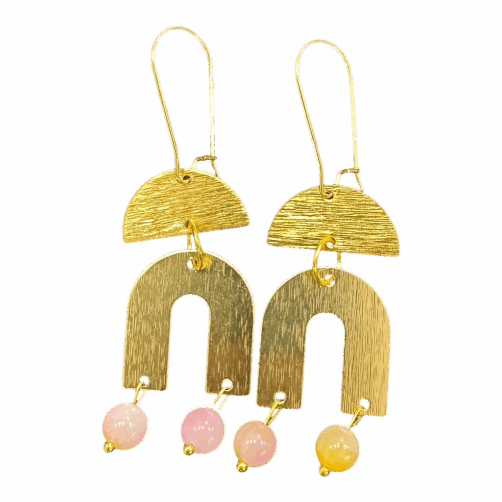 Handmade Golden Archway Earrings by Art in Stone — gold arches with half-moon tops and pastel beads, perfect for effortless modern style.