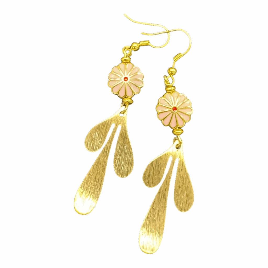 Petal Drop Earrings by Art in Stone — gold teardrop earrings with blush flower tops, handmade elegance for any occasion.