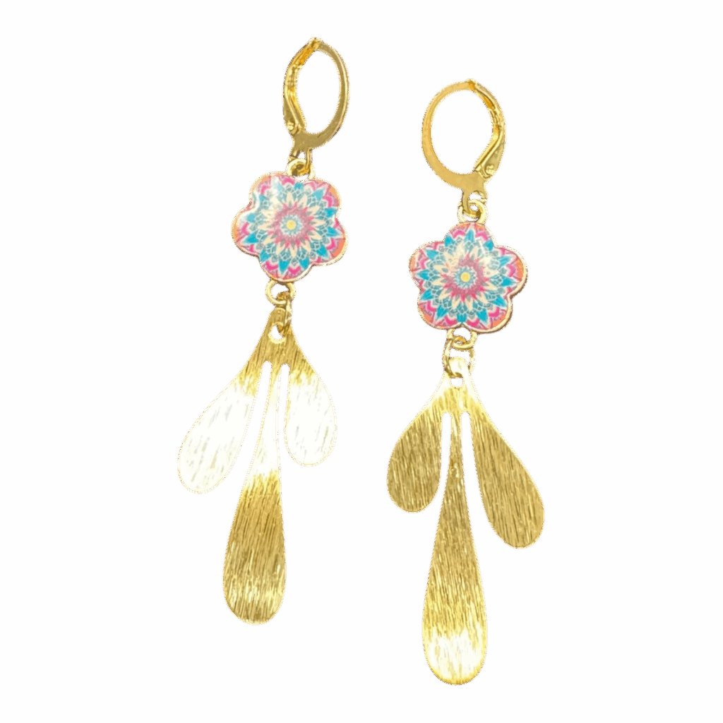 Mandala Muse Earrings by Art in Stone — handmade gold teardrop earrings with colourful mandala tops for bold, creative energy.