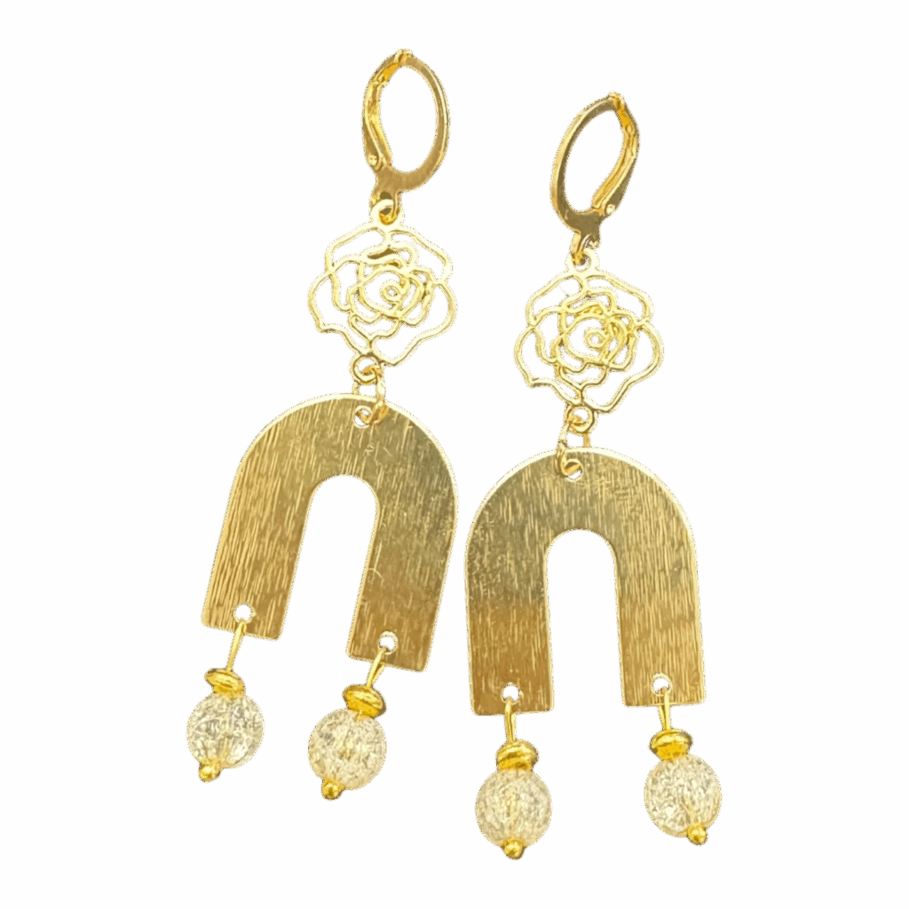 Golden Garden Earrings by Art in Stone — handmade gold arches with floral filigree tops and crystal beads for timeless, elegant sparkle.